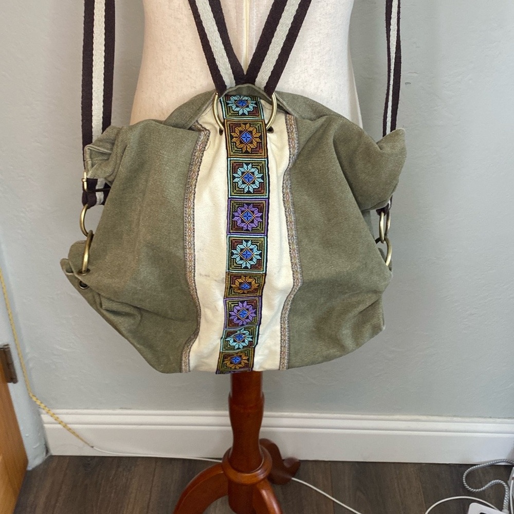 Embroidered “White Lotus” Women's Bag/ Backpack- Green